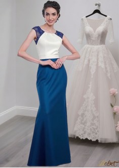 Elegant Blue Satin Mother of the Bride Dress with Jacket – Full Length Scoop Neck Gown