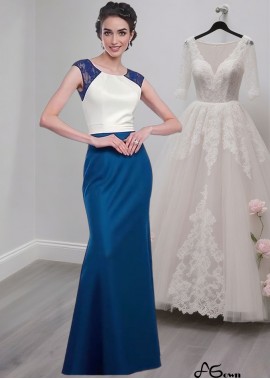 Elegant Blue Satin Mother of the Bride Dress with Jacket – Full Length Scoop Neck Gown
