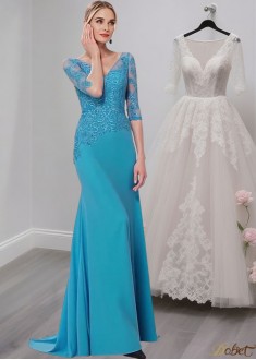 Blue V-Neck Mother of the Bride Dresses With Lace and Half Sleeves