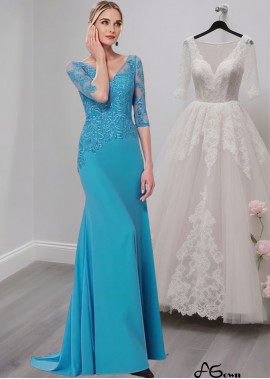 Blue V-Neck Mother of the Bride Dresses With Lace and Half Sleeves