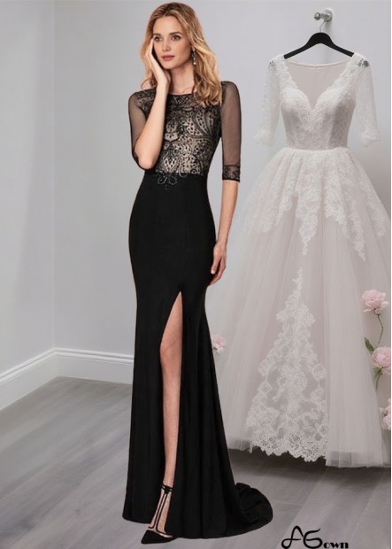 Elegant Black Tulle Spandex Full-Length Mother of the Bride Dress with Illusion Sleeves