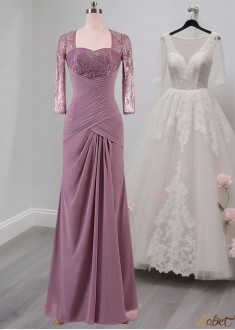 Chiffon Mother of the Bride Dress – Sweetheart Full Length Gown with Sleeves