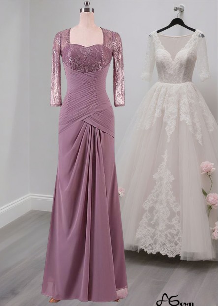 Purple Lace Chiffon Mother of the Bride Dress – Sweetheart Neckline Full Length Gown with Illusion Sleeves
