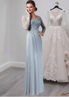 Elegant V-Neck Full-Length Chiffon and Lace Illusion Sleeve Mother of the Bride Dress