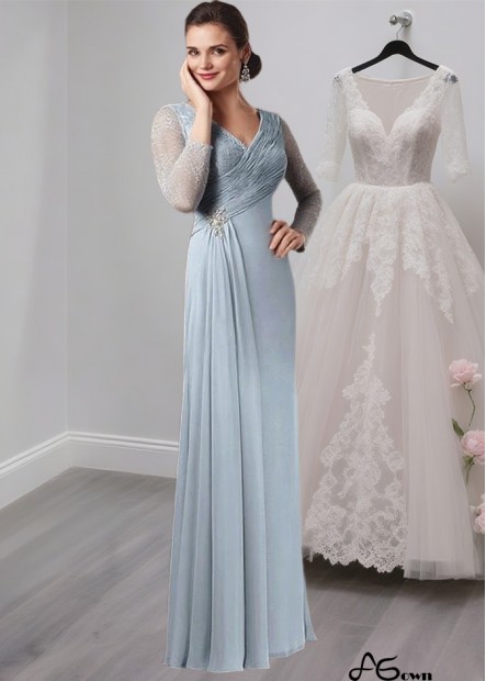 Elegant V-Neck Full-Length Chiffon and Lace Illusion Sleeve Mother of the Bride Dress