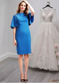 Knee Length Satin Jewel Neck Mother of the Bride Dress in Blue