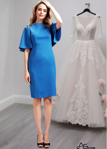 Knee Length Satin Bateau Neck Mother of the Bride Dress in Blue