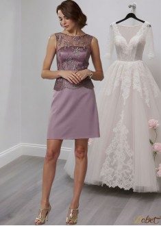 Purple Lace Chiffon Short Mother of the Bride Dress with Jewel Neckline