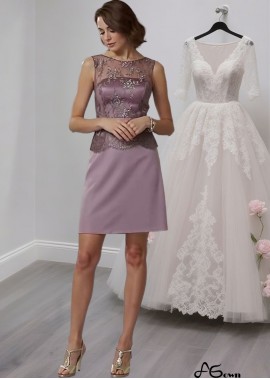 Purple Lace Chiffon Short Mother of the Bride Dress with Jewel Neckline