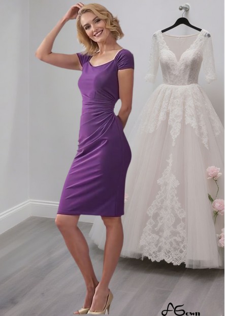 Purple Knee-Length Mother of the Bride Dress Scoop Neck and Cap Sleeves