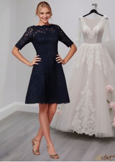 Lace Prom Evening Party Dress with Short Sleeves and Jewel Neckline