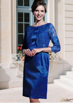 Blue Bateau Neck Satin Lace Mother of the Bride Dress
