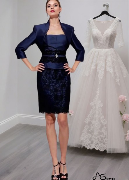 Blue Taffeta Mother of the Bride Dress with Jacket – Square Neck Knee-Length Sheath Gown