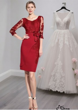 Red Tulle Chiffon Mother of the Bride Dress with Scoop Neck and Illusion Sleeves