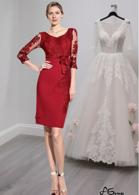 Red Tulle Chiffon Mother of the Bride Dress with Scoop Neck and Illusion Sleeves
