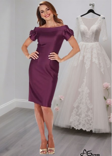 Purple Satin Sheath Off-the-Shoulder Mother of the Bride Dress Knee-Length