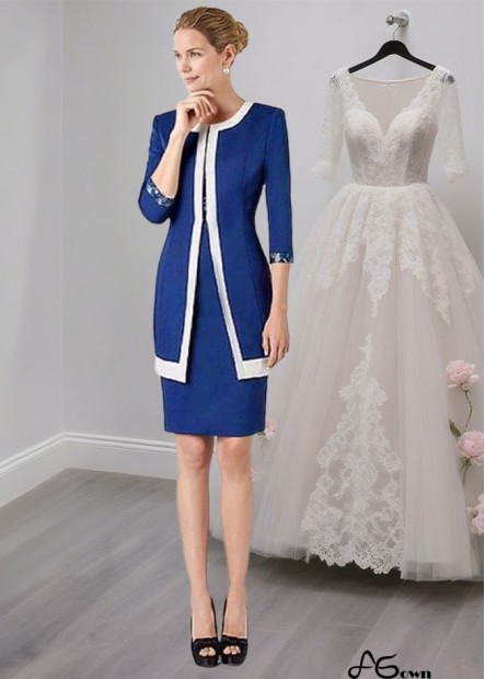 Cheap Blue V-Neck Lace Satin Mother of the Bride Dress with Short Sleeves