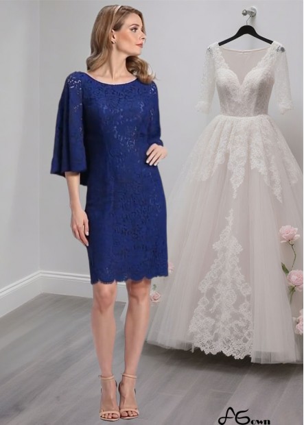Blue Lace Knee-Length Mother of the Bride Dress with Sleeves and Scoop Neck
