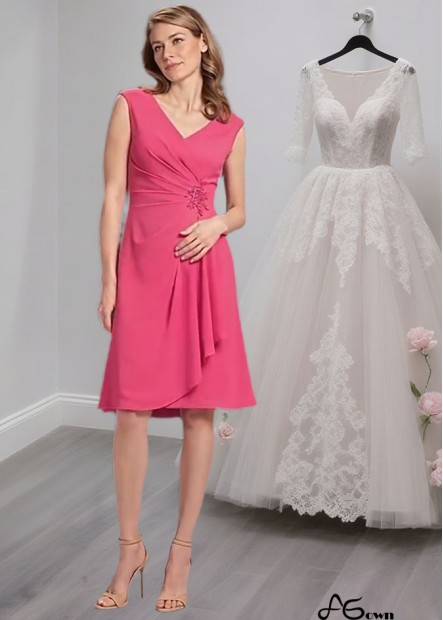 Chiffon V-Neck Knee Length Mother of the Bride Dress with Cap Sleeves