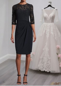 Black Mother of the Bride Dress – Jewel Neck Knee-Length with 1/2 Sleeves
