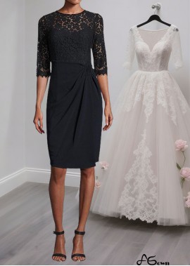 Black Lace Chiffon Mother of the Bride Dress – Jewel Neck Knee-Length Sheath with Illusion Sleeves