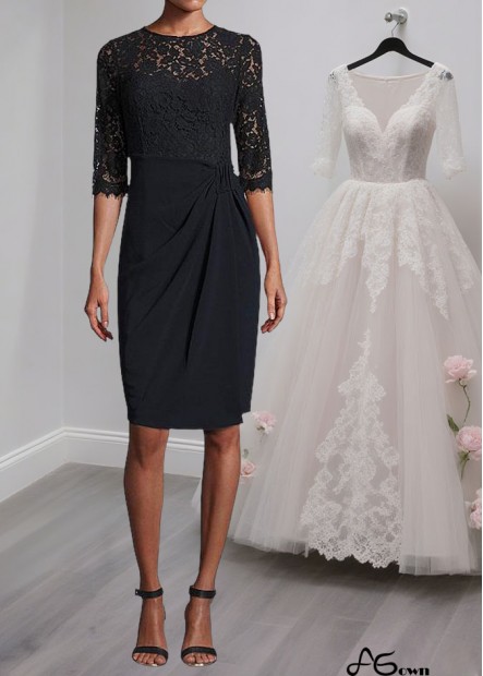 Black Lace Chiffon Mother of the Bride Dress – Jewel Neck Knee-Length Sheath with Illusion Sleeves