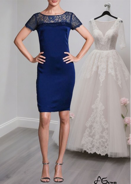 Short Blue Satin Mother of the Bride Dress with Sleeves and Scoop Neckline