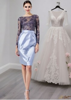 Short Lace Mother of the Bride Dress with Long Sleeves and Scoop Neckline
