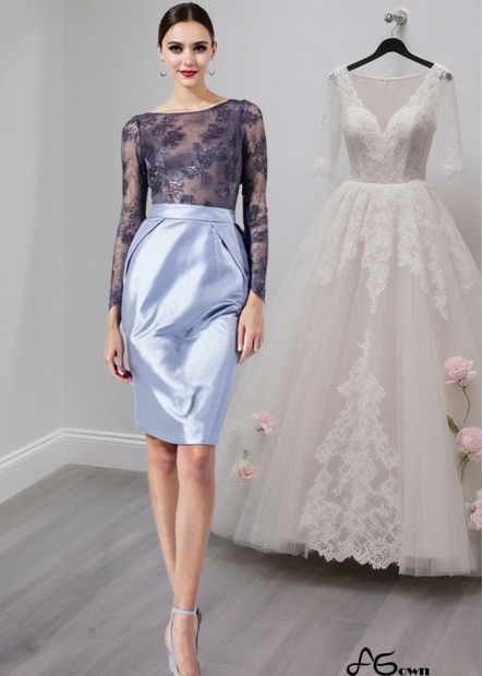 Short Lace and Taffeta Mother of the Bride Dress with Illusion Sleeves and Bateau Neckline