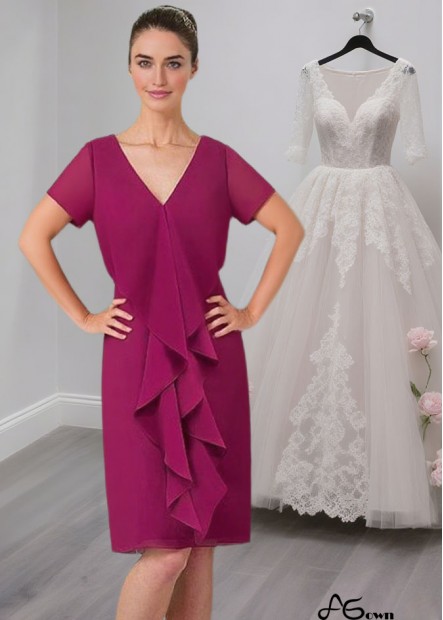 Knee Length V Neck Chiffon Mother of the Bride Dress with T-Shirt Sleeves