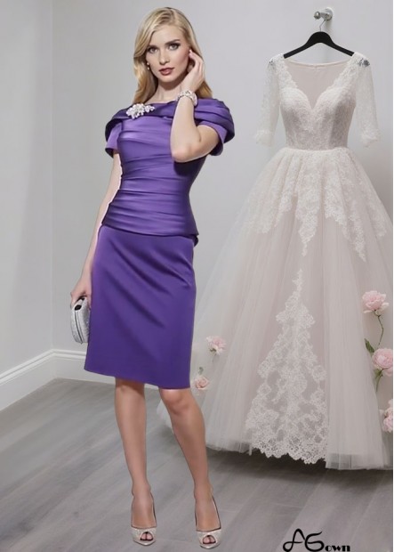 Purple Satin Bateau Neck Mother of the Bride Dress – Knee-Length Sheath Gown