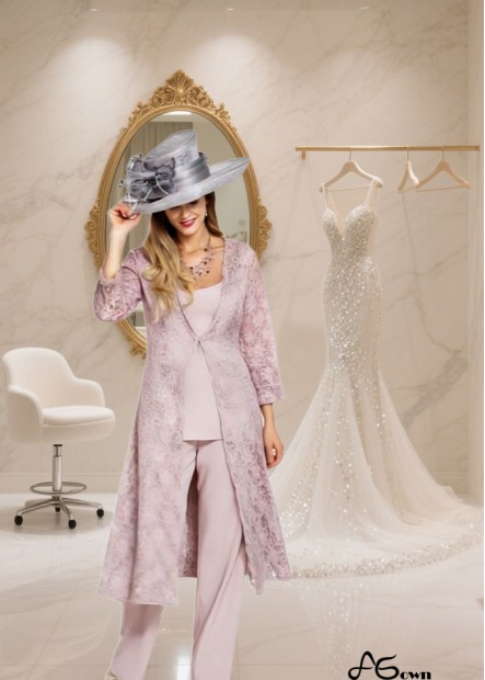 Three Pieces Chiffon Mother of the Bride Pantsuit with Square Neck and Lace Jacket