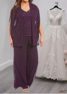 Lace Chiffon Mother of the Bride Pantsuit – V-Neck Outfit with Jacket Sleeves