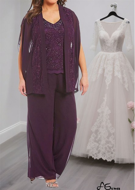 Lace Chiffon Mother of the Bride Pantsuit – V-Neck Full Length Outfit with Jacket Sleeves