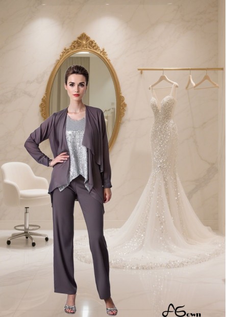 Elegant Sequined Lace Chiffon Three-Piece Mother of the Bride Pantsuit with Jacket