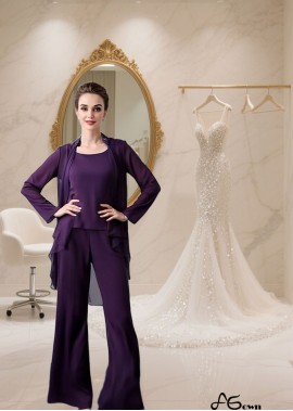 Three Piece Chiffon Scoop Neckline Jacket Sleeve Pantsuit — Elegant Mother of the Bride Outfit