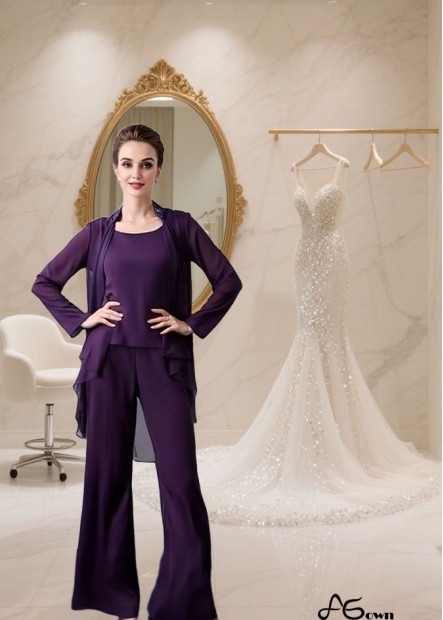 Three Piece Chiffon Scoop Neckline Jacket Sleeve Pantsuit — Elegant Mother of the Bride Outfit