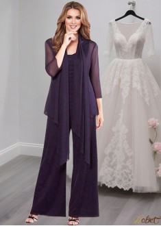 Silk-Like Chiffon Full-Length Mother of the Bride Pantsuit with Jacket Sleeves