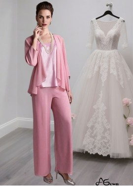 Elegant Pink Chiffon Mother of the Bride Pantsuits with Jacket Sleeve – Scoop Neck Full Length Outfit