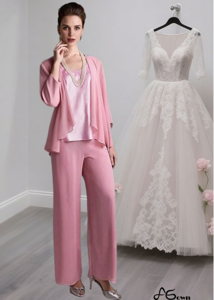Elegant Pink Chiffon Mother of the Bride Pantsuits with Jacket Sleeve – Scoop Neck Full Length Outfit