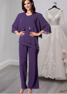 Elegant Chiffon Scoop Neck Coat Jacket Sleeve Pantsuit for Mother of the Bride