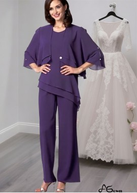 Elegant Chiffon Scoop Neck Coat Jacket Sleeve Pantsuit for Mother of the Bride