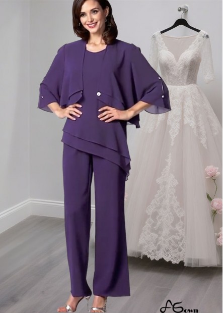 Elegant Chiffon Scoop Neck Coat Jacket Sleeve Pantsuit for Mother of the Bride