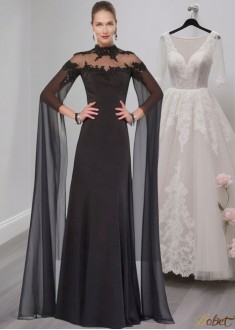 Elegant Black Tulle and Satin High Collar Mother of the Bride Dress with Illusion Sleeves