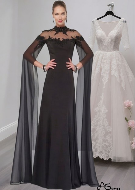 Elegant Black Tulle and Satin High Collar Mother of the Bride Dress with Illusion Sleeves