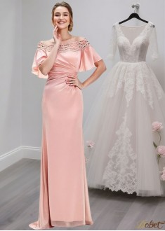 Pink Off-the-Shoulder Mother of the Bride Dress with Lace and Short Sleeves