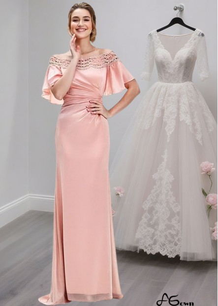 Pink Off-the-Shoulder Mother of the Bride Dress with Lace and Chiffon Illusion Sleeves