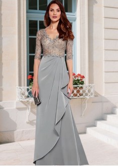 V-Neck Lace Satin Sheath Mother of the Bride Dress
