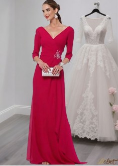 V-Neck Mother of the Bride Dresses with 3/4 Sleeves – Full Length Sheath Gown