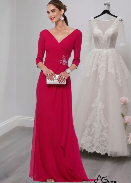 Elegant V-Neck Chiffon Mother of the Bride Dress with Illusion Sleeves – Full Length Sheath Gown